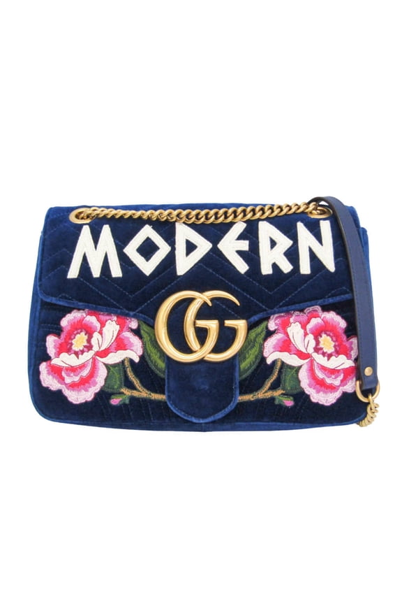 Pre-Owned Gucci GG Marmont Medium Chain Shoulder Bag 443496 Women's Velvet Shoulder Bag Blue