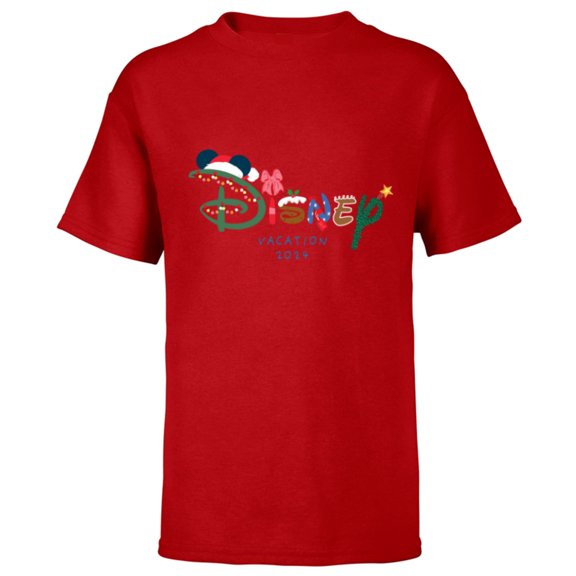 Disney Festive Logo Holiday Trip Christmas Vacation 2024 - Short Sleeve T-Shirt for Kids - Customized-Red