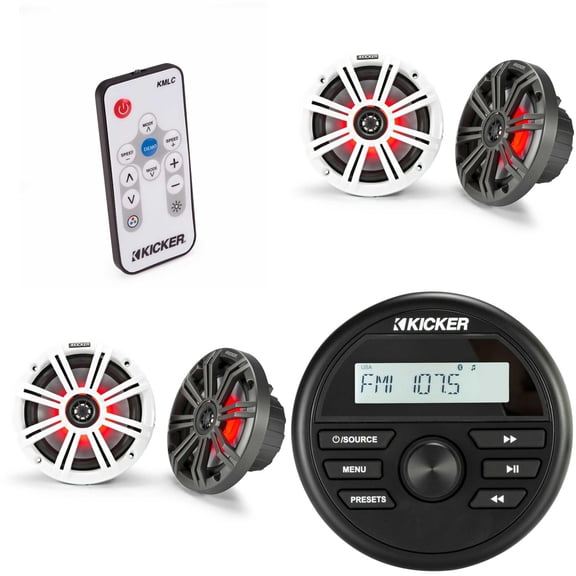 Kicker KMC2 Gauge Mount Marine Grade Receiver & (2 pair ) 45KM654L 6.5" LED Speakers w/ 41KMLC LED Remote bundle