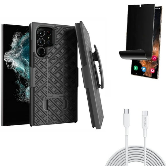 Privacy Screen Protector & Case Belt Clip & 6ft Long Type-C Cable for Samsung Galaxy S22 Ultra (6.8") - Combo TPU Film (Fingerprint) Anti-Peep & Holster Swivel Cover & PD Fast Charger Cord Power Wire
