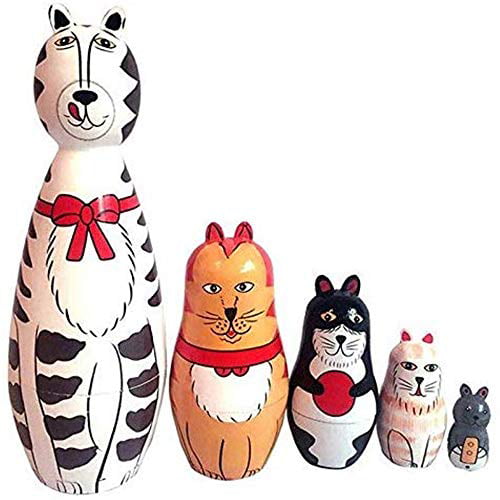 Babyby 5-Nesting Cute Wooden Nesting Dolls Matryoshka Animal Russian Doll  (Cat) Wooden Craft Craft Gift Customization 