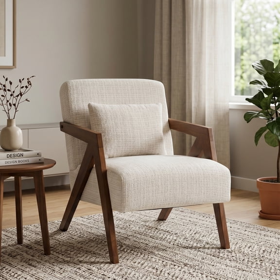  Mid-Century Modern Accent Chair with Solid Wood Frame,Upholstered Chenille Beige Armchair with Pillow for Living Room,Bedroom,Balcony,or Reading Room,Cozy,Sturdy,Space-Saving,Easy to Match