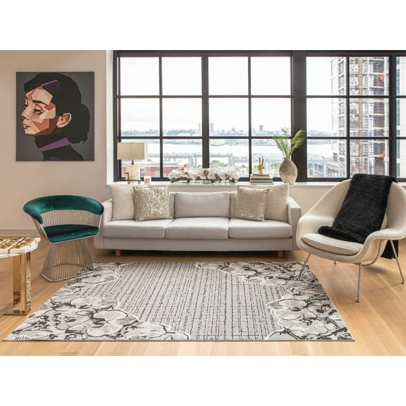 Elizabeth Sutton VE65B Cloud Nine Floral Modern Gray Area Rug, 2'0" x 4'0"
