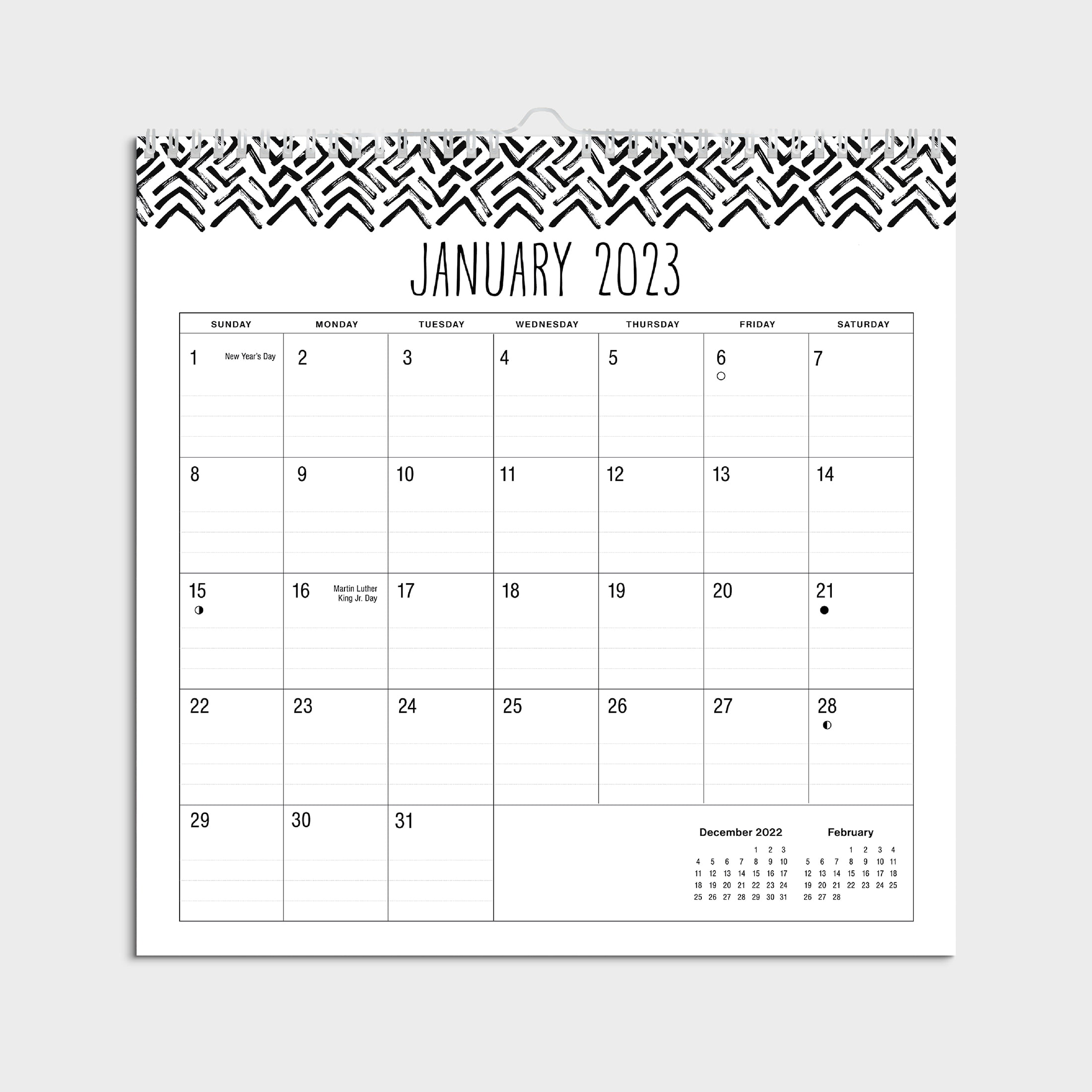 2023- 12 Month Calendar-Black and White Spiral Lines Border-12x12 Spiral bound -by Pen + Gear