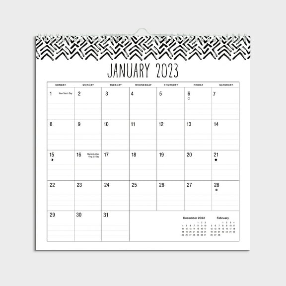 2023- 12 Month Calendar-Black and White Spiral Lines Border-12x12 Spiral bound -by Pen + Gear