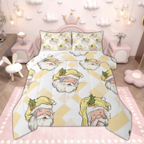 Manfei Cartoon Santa Claus Bedding Comforter Set for Girls, Merry Xmas Christmas Twin Comforter Sets, Yellow Geometric Bedding Set, Breathable Home Decor, Reversible 2 Pieces