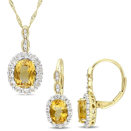 Tangelo 4 Carat T.G.W. Citrine, White Topaz and Diamond-Accent 14k Yellow Gold 2-Piece Halo Pendant and Earrings Set