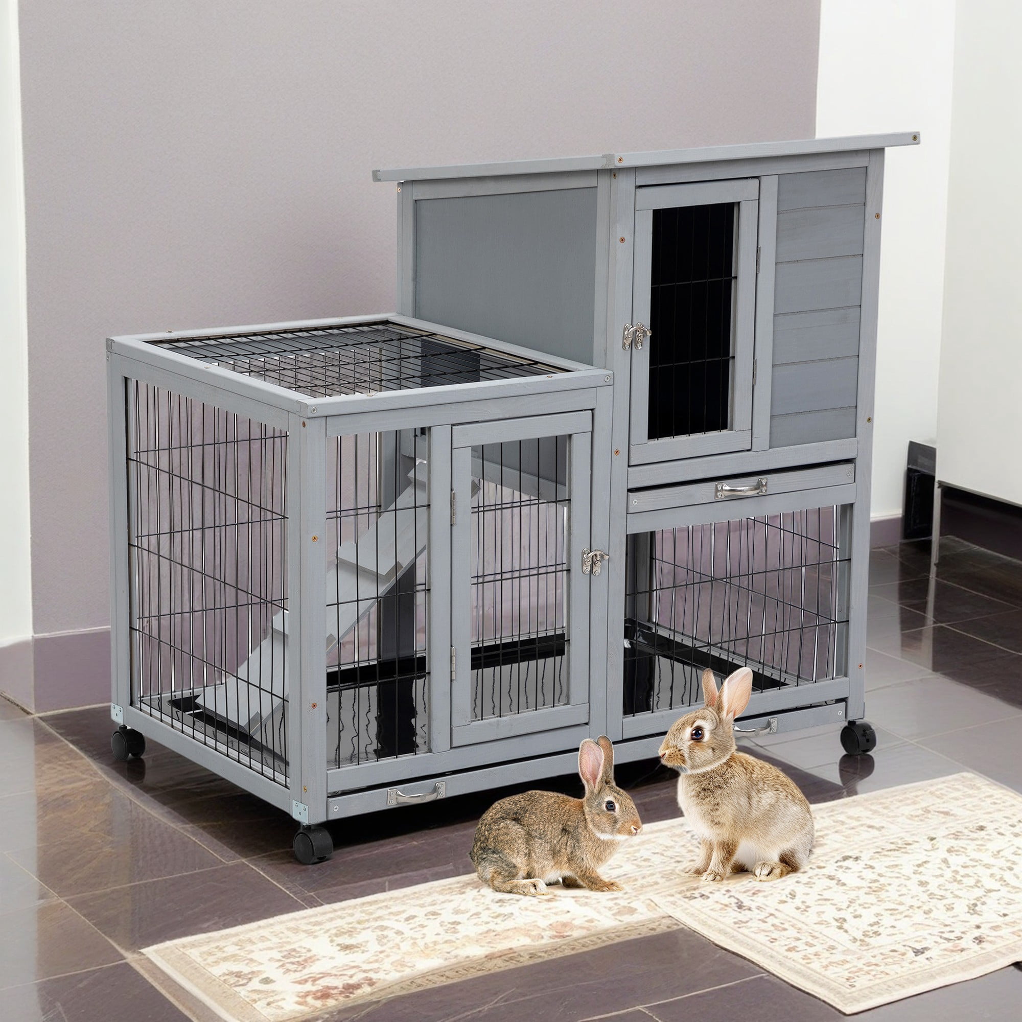 Pefilos 39" Waterproof Chicken Coop for Outdoor, Indoor Rabbit Hutch, Wood Hen House with Rolling Casters, Removable Tray, Gray