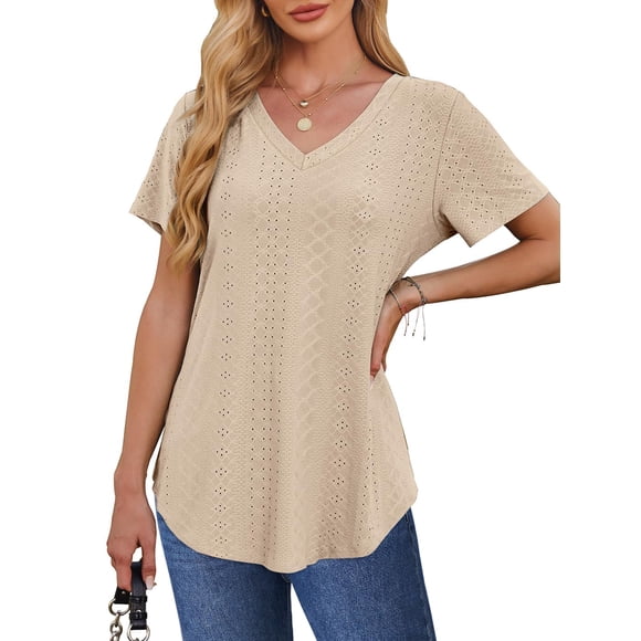 UVN Blusas de Verano para Mujer Mangas Cortas Camisetas Cuello en V Dobladillo Curvo Túnicas Holgadas