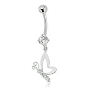 AVORA 10K White Gold Solitaire Simulated Diamond CZ Dangling Butterfly Belly Button Ring Body Jewelry (14 Gauge)
