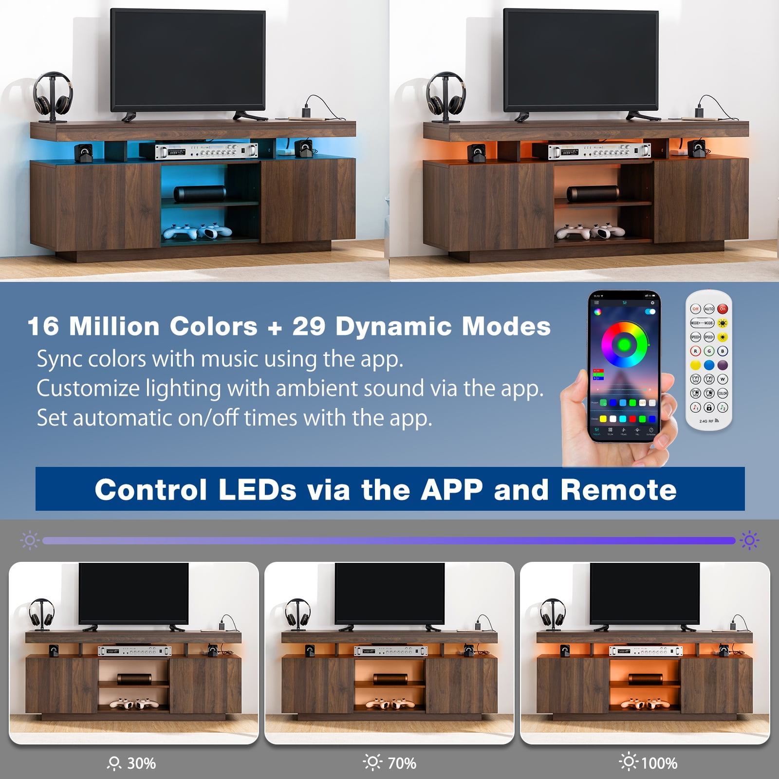 TV Stand with LED Lights for TVs up to 55 Inch TV Console Storage Cabinet Entertainment Center