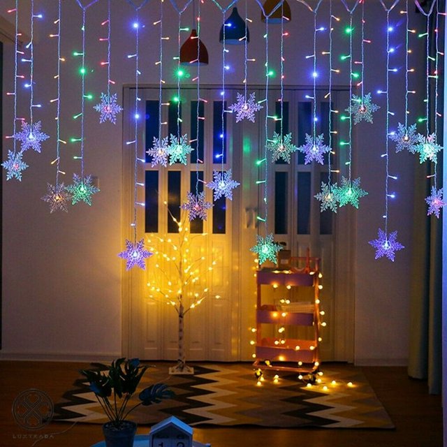 Halloween Decorations Clearance Sale LED Curtain Light String 96 LED 3.5M Snowflake Lights 8 Flashing Patterns
