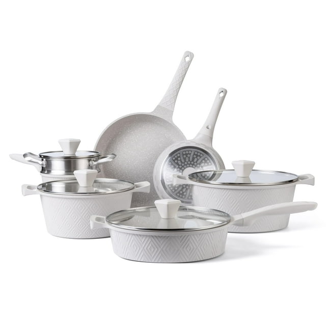 Country Kitchen Juego de utensilios de cocina antiadherentes de aluminio fundido: utensilios de cocina duraderos para cocinar todos los días, rombo crema, 11 piezas.