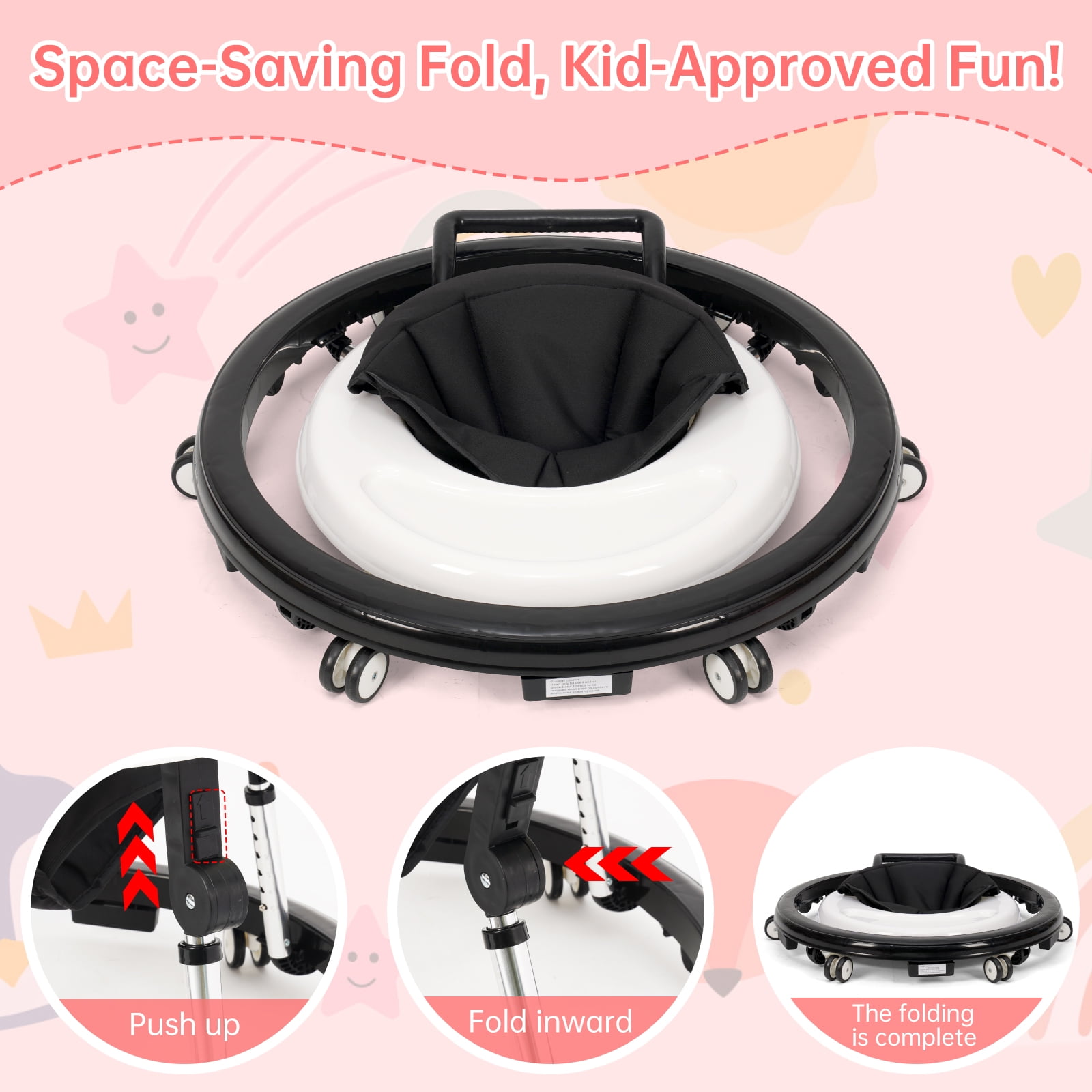 Baby Walker for 6-18 Months - One-Touch Foldable Design, 9 Adjustable Heights, Non-Slip Wheels with Removable Activity Tray, Black