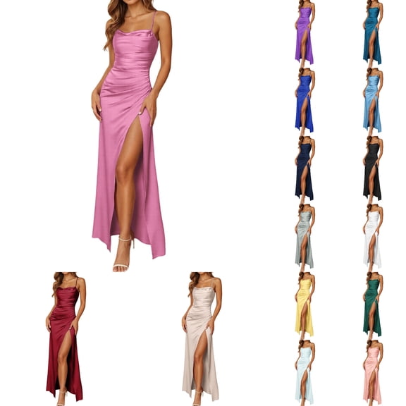 Kureaily Women Satin Spaghetti Strap Maxi Dress, Cowl Neck Ruched High Slit Formal Evening Gown Wedding Party Long Dress (Black,Large)