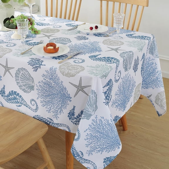 Summer Tablecloth Rectangle 60x102 Inch,Wrinkle Resistant Nautical Coastal Table Cloth, Washable Ocean Sealife Blue Table Fabric Decoration for Picnic Dinner Outdoor