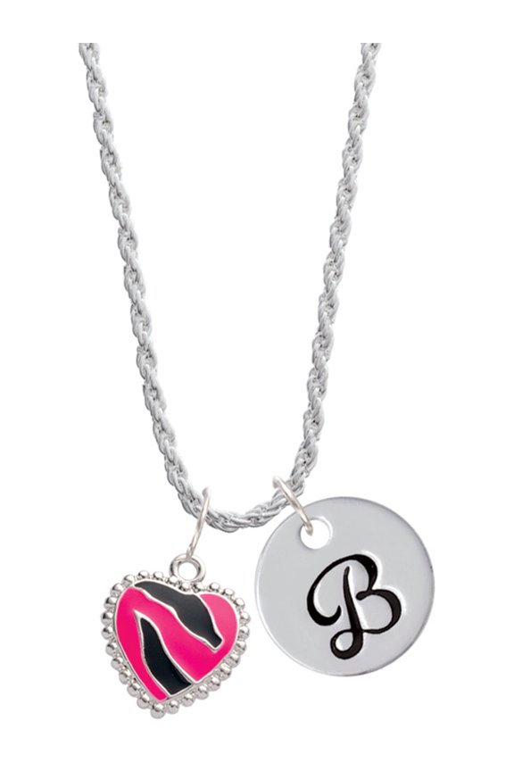 Silvertone Hot Pink Zebra Print Heart Silvertone Script Initial Disc - B - Charm Necklace, 20"+3"