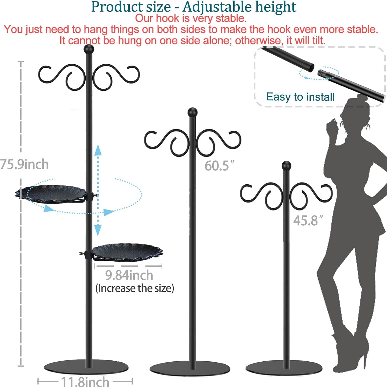 Upgraded 74" Shepherd's Hook for Bird Feeder,Floor Hanging Plant,Wind Chime Stand, Waterproof Metal& Adjustable-Height Standing Pole Holder for Lantern and Wreath, Indoor & Outdoor（2 Placement Racks)