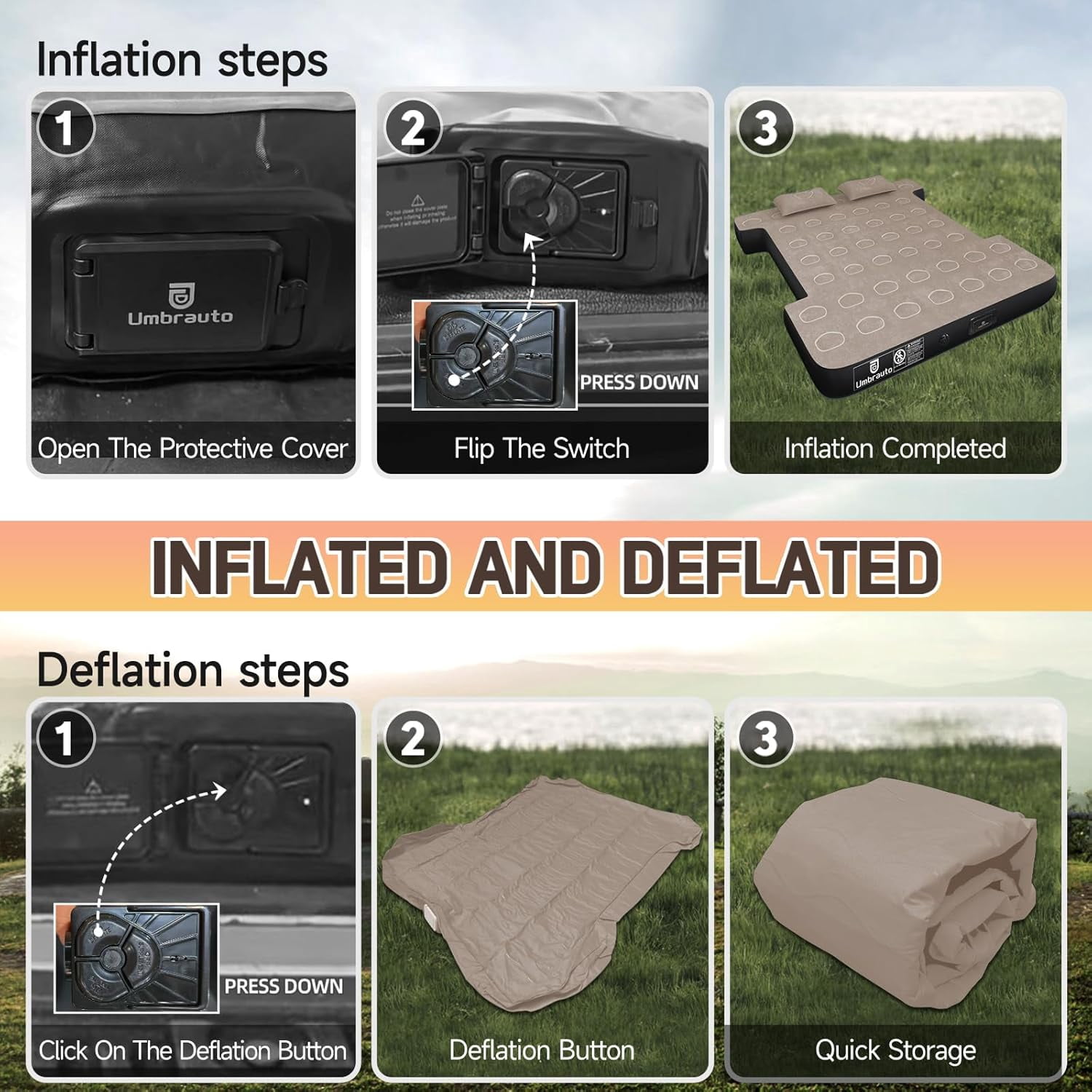 Umbrauto Truck Air Mattress for 6-6.5ft Full Size Truck Bed, Rechargeable Wireless Pump, Upgraded Peach Skin Fabric Top, Pickup Tent Airbed for Outdoor Travel(Black)