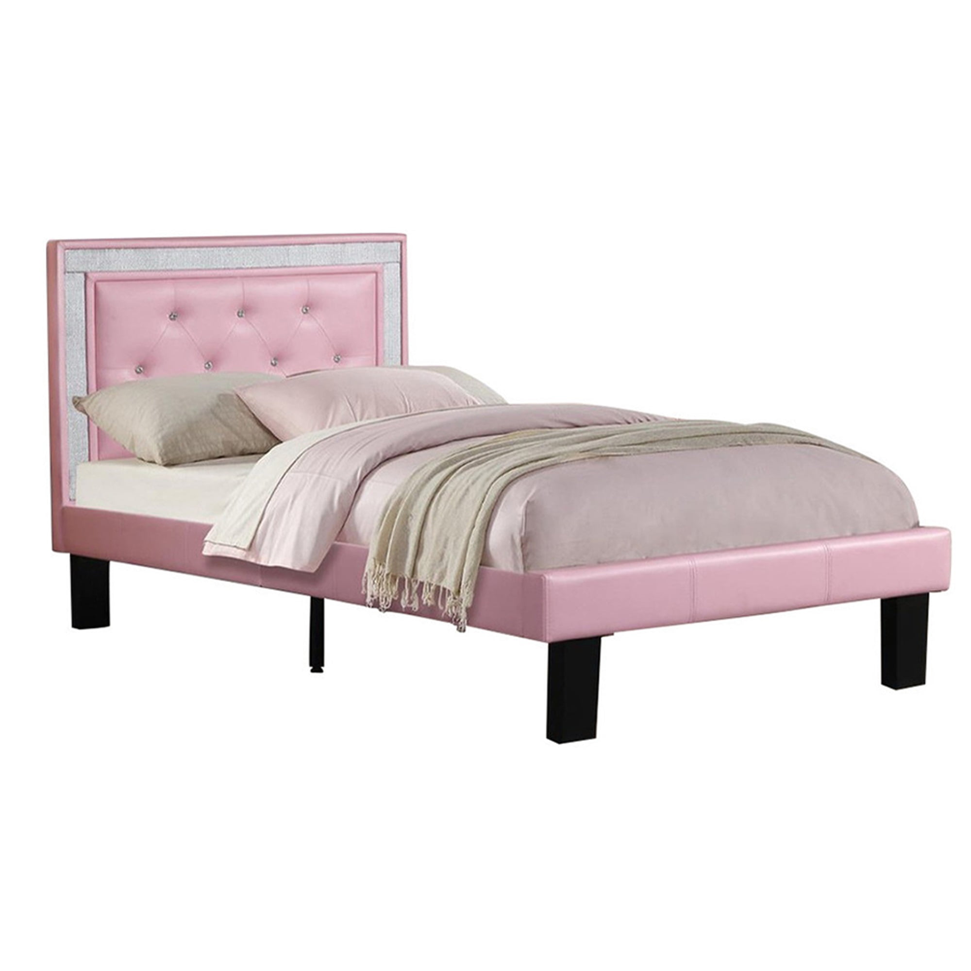 Youth Kids Teen Bedroom Full Bed Button Tufted Crystal Headboard Pink PU Leather 
