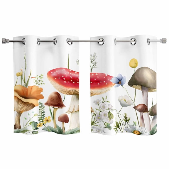 Mushrooms Kitchen Curtains Window Panels, Spring Floral Farmhouse Botanical Watercolor Insulated Window Treatment Curtain, Grommet Curtains for Bedroom/Living Room/Bathroom, 2 Piece 27.5"Wx39"L