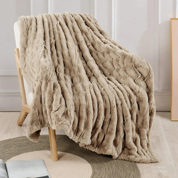 Home Soft Things Stretchy Solid Color Faux Fur Throw Blanket with Micromink Back, Luxury Soft Cozy Plush Fluffy Fuzzy Reversible Thick Warm Throw Blanket, 50x60 inches, Light Taupe