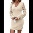 thumbnail image 2 of Women'S Mini Fitted Crochet Hollow-Out Sweater Sexy- Dress Dressy Casual Long Sleeve V Neck Knit Dresses Beige S, 2 of 8