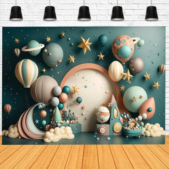 7x5ft Cartoon Outer Space Birthday Backdrop for Boys Starry Galaxy Birthday Baby Shower Photography Background Golden Star Birthday Party Cake Table Banner Photo Studio Props