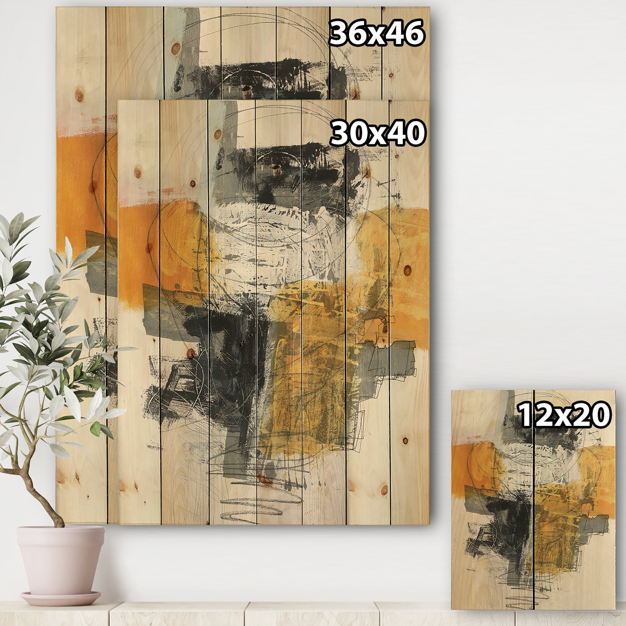 Designart 'Abstract Composition of Glamorous Black and Yellow II' Contemporary Print on Natural Pine Wood