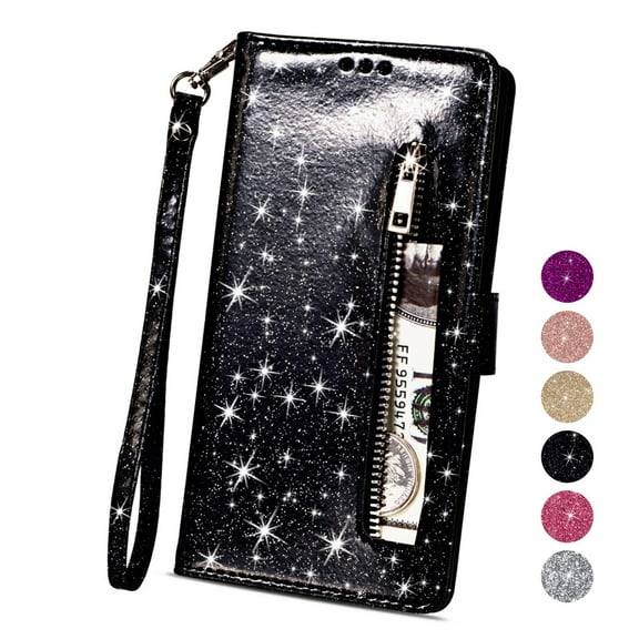 Dteck Case For Apple iPhone 11 (6.1 inches) ,Magnetic Leather Bling Glitter Card Holder Wallet Case Kickstand Strap Full Protective Phone Shockproof Rubber Cover ,Black