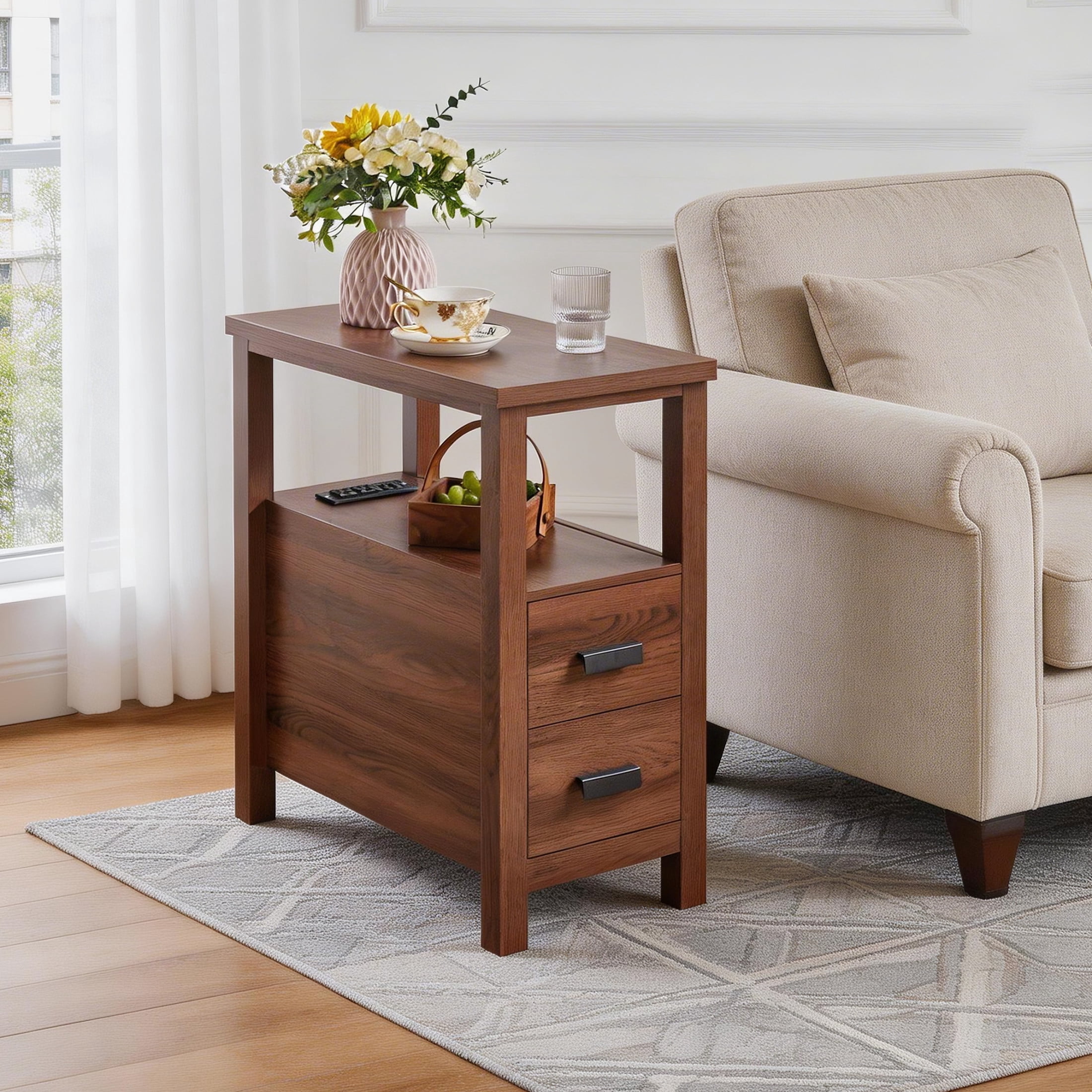 Noble House Marcus Modern End Table with Built-In Charging Station & 2 Drawers, Small Wood Bedside Table, Walnut