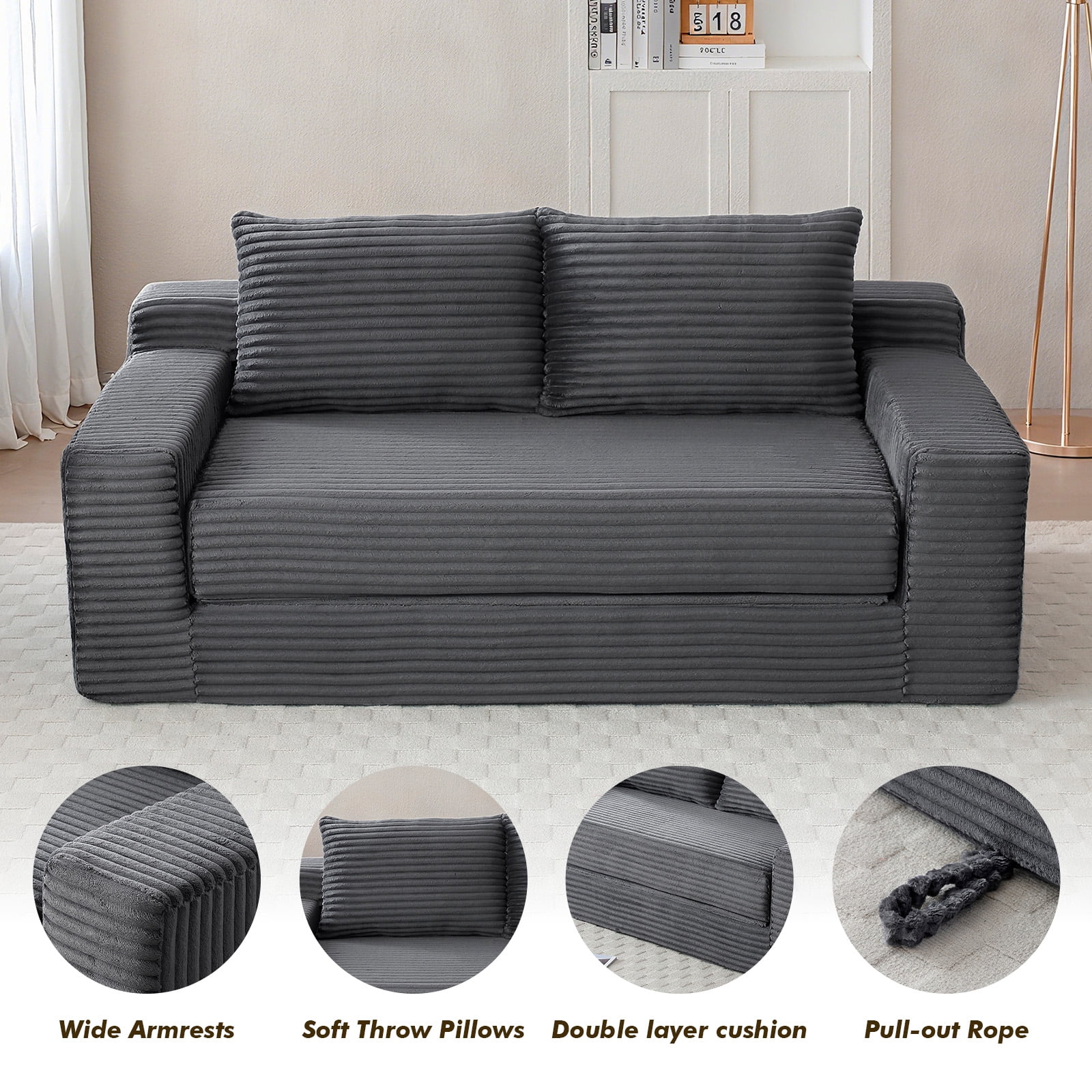 Memory Foam Cloud Sofa Bed 2-in-1 Couches No Assembly Corduroy Small Space Apartment Living Room,Grey