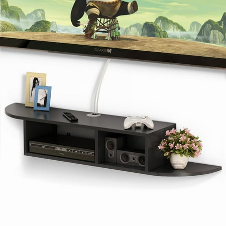 Wall Mount Tv Console Shelf Tribesigns 2 Tier Modern Wall Mount Floating Shelf TV Console 43.3x9.4x7 inch for Cable Boxes/Routers/ Remotes/DVD Players/Game Consoles (Black) ()