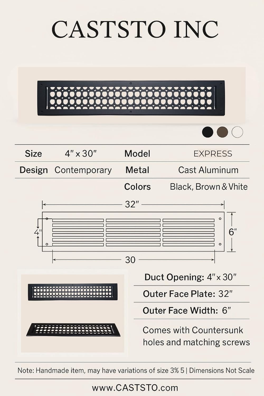 4"x30" Caststo Cast Aluminum Contemporary Design Air Return Grille | Overall 6"x32" | Black | Model-Oval (With Holes)