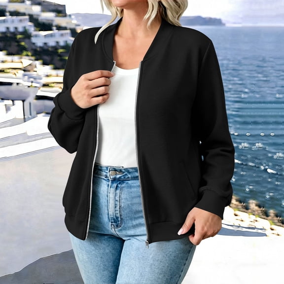 Women's Casual Jackets, Zipper Long Sleeve Outerwear with Pockets, Athletic Jacket for Street Outdoor Fall Winter Wear | VerBelle,Black L