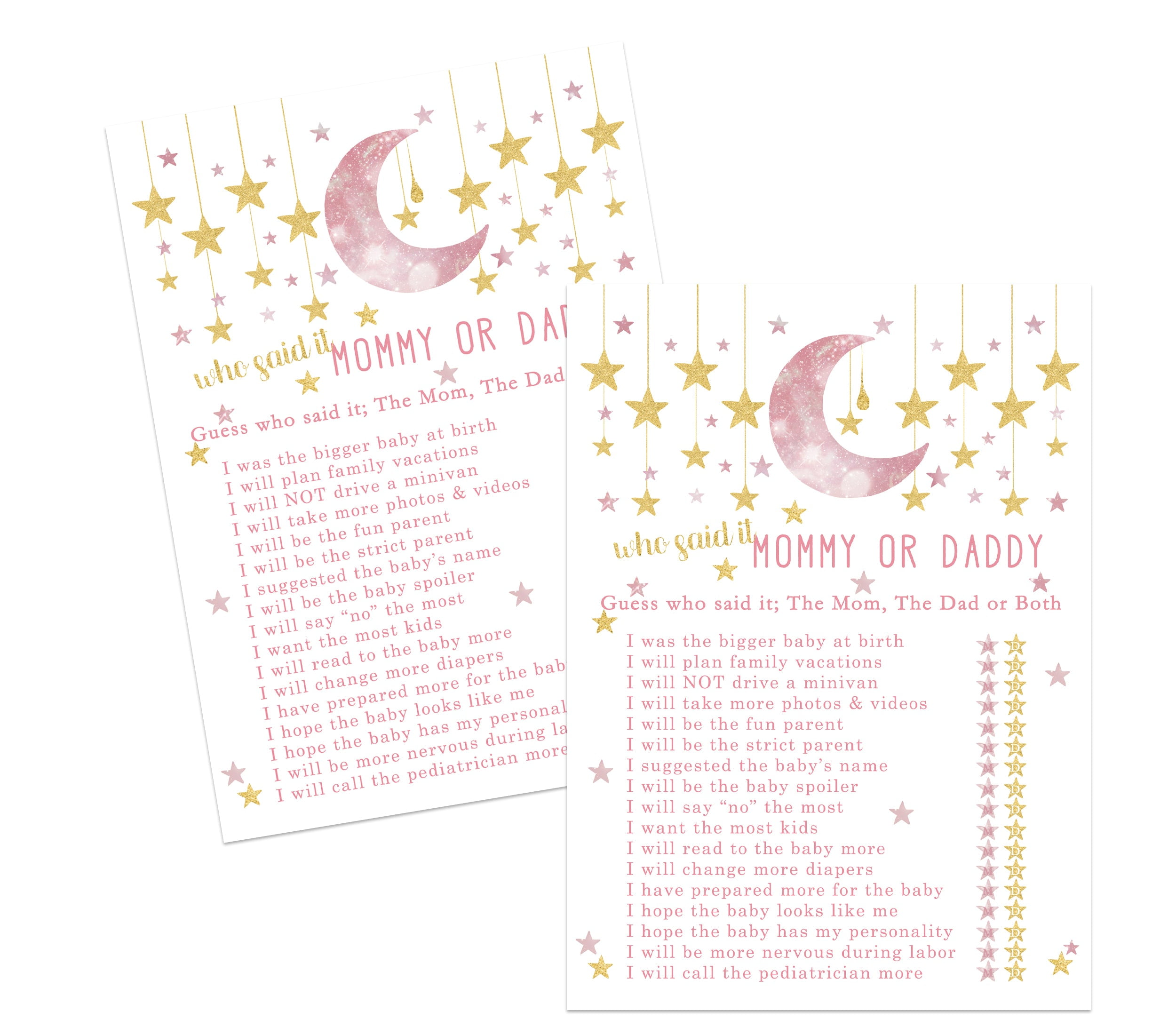 Twinkle Little Star Mommy or Daddy Baby Shower Game 25 Pack Guess Who Activity Cards - Pink and Gold Moon Theme - Printed 5x7 Size Set - Paper Clever Party