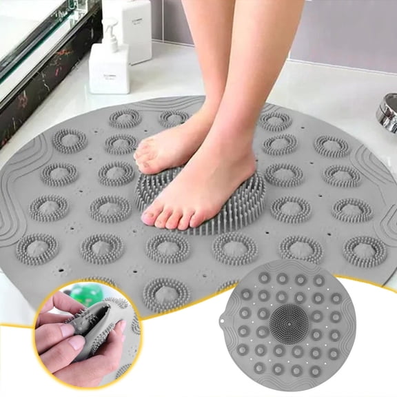 MXTPOV Round Shower Mats for Inside Shower Suction Cup Bathroom Massage Non-slip Mat Shower Foot Scrubber Bathtub Mat Non Slip Anti Mold Gray