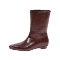 thumbnail image 3 of Domuza Women's Fall Winter Glossy Pointed Toe Mid Calf Boots, Ruched Wedge Heel Pull On Leather Look Short Boots Brown 7（EU-38）, 3 of 5