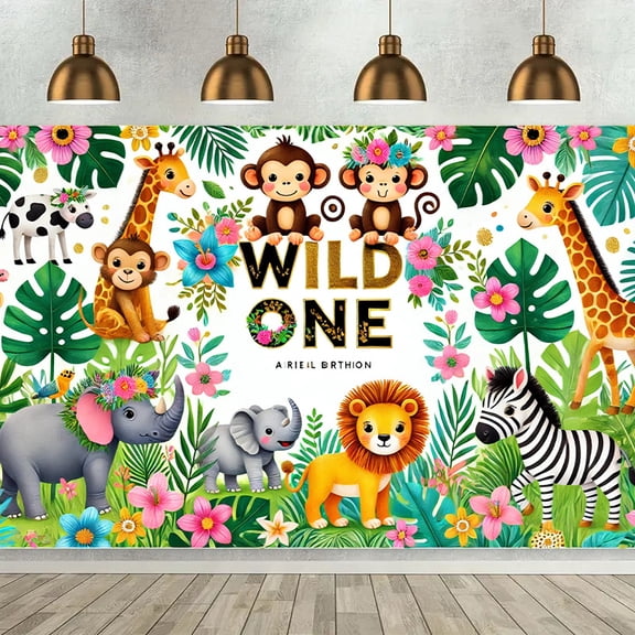 Wild One Birthday Safari 1st Birthday Photography Background for Boys Girls Green Tropic Leaves Floral Newborn Baby Shower Birthday Party Decorations Banner Supplies Photo Booth Props