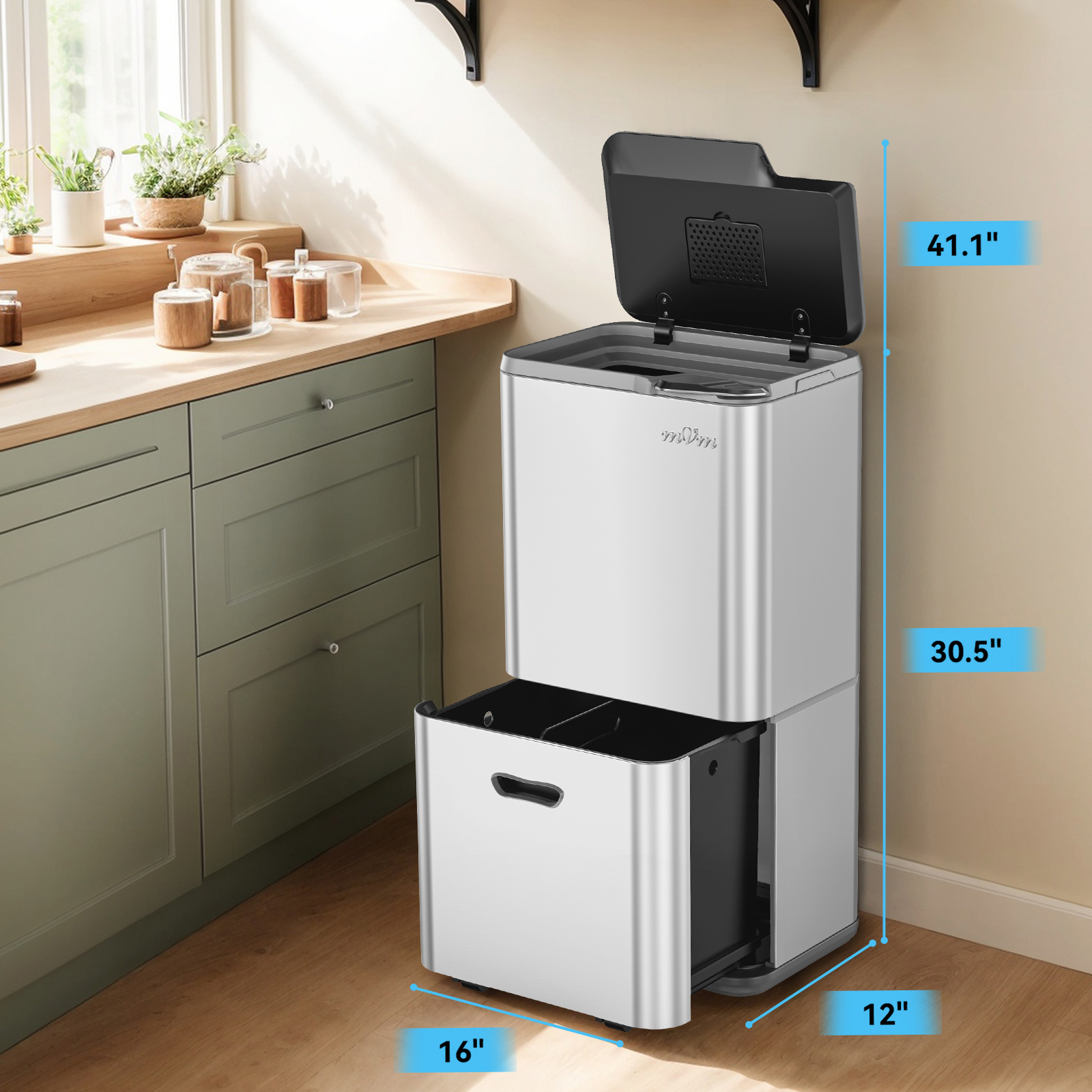 mVm 16 Gal Stainless Steel Trash Can Kitchen, Dual Compartment (8.5Gal+7.5Gal), Heavy Duty Garbage Can for Home Office Yard (Tin)