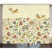 Red Vow Floral Curtains, Blooming Colorful Petals of Summer with Butterflies and Flying Birds Flora and Fauna, Curtain for Bedroom Dining Living Room 2 Panel Set, 104" W by 52" L, Multicolor
