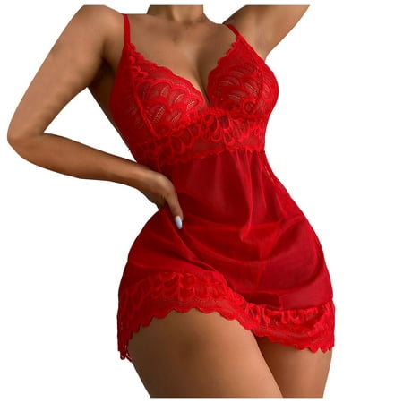 

DNDKILG See Through Babydoll for Women Nightgown Sexy Deep V Neck Chemise Teddy Lace Sleepwear Red XL