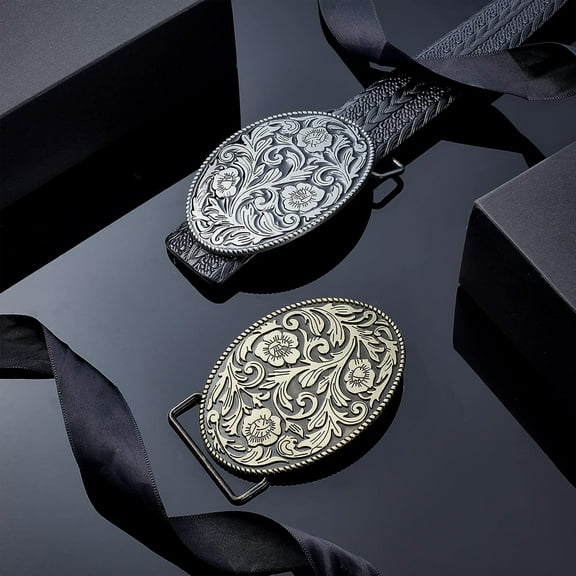 1 set 2 colors Western Cowboy Belt Buckles Floral Engraved Leather Belt Buckle Vintage Oval Belt Fastener for Men Large Handmade Belt Buckle 5.9x8.3x0.7 cm