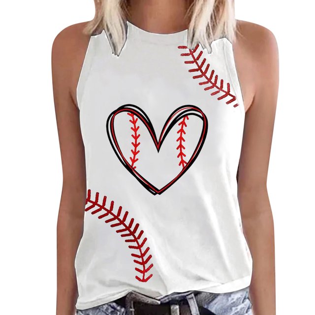 Mujeres camisetas sin mangas Dressy Casual Camiseta sin mangas con estampado de béisbol informal de verano para mujer, camiseta sin mangas con cuello redondo (White, XXL)