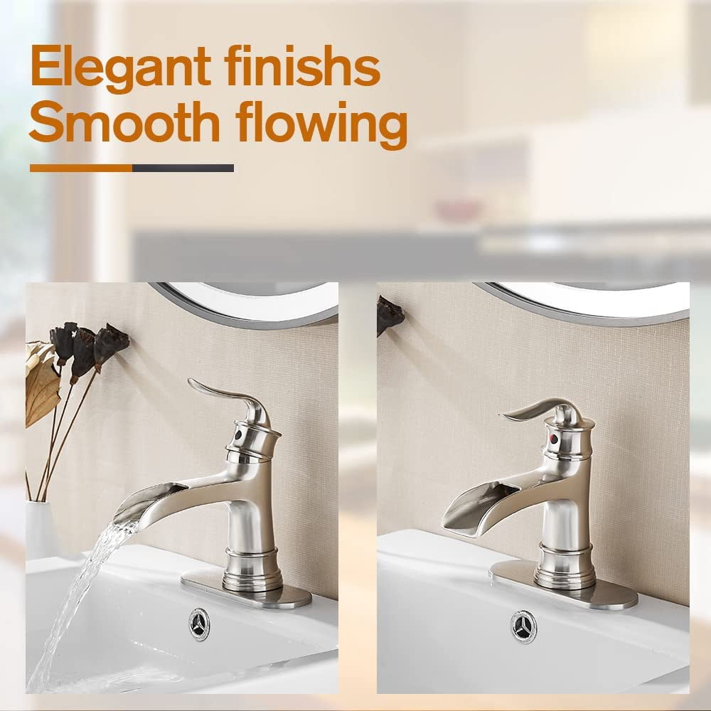 Kede Waterfall Faucet Bathroom Faucet Single Handle One Hole Brushed Nickel Finish Large Spout Lavatory Faucets Waterfall Faucet (Brushed Nickel)