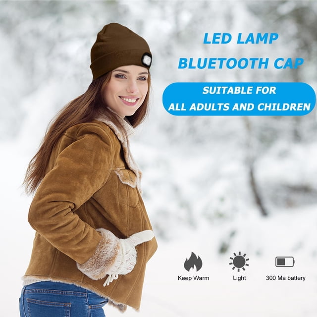 Sombrero Tejido Gorro Beanie LED con luz, gorro tejido manos libres con 4 faros LED (café)