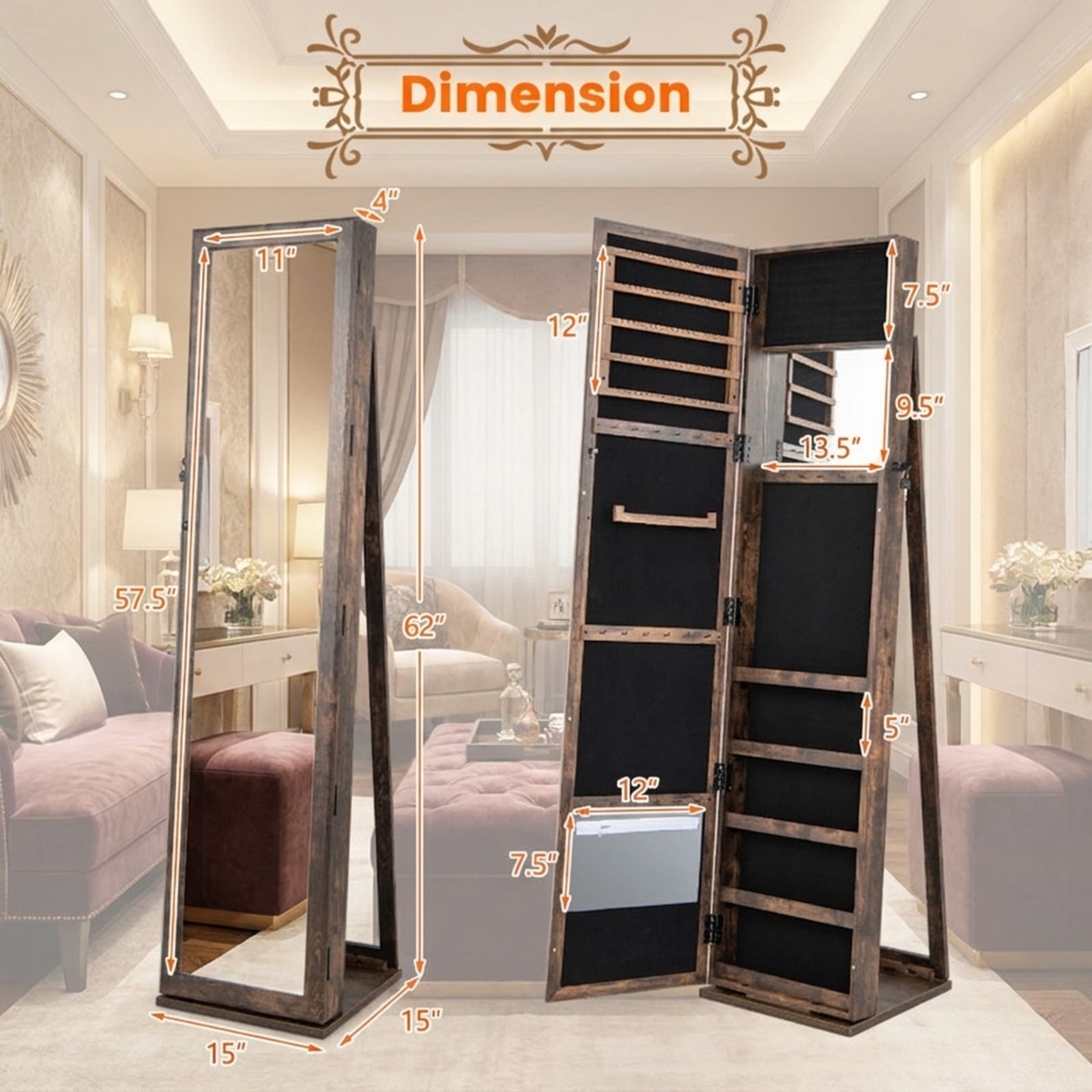 Furnibear Standing Lockable Jewelry Storage Organizer with Full-Length Mirror for Bedroom Dressing Room Jewelry Necklace Rings Storage Mirror, Brown