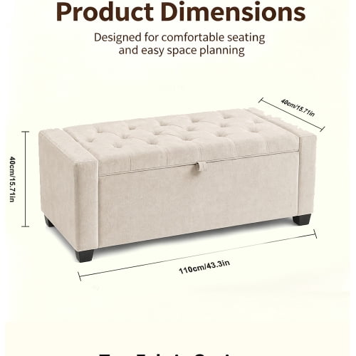 Storage Bench with Safety Hinges, 43.3" L x 15.7" W x 15.7" H, End-of-Bed Ottoman for Living Room, Bedroom & Entryway, Beige