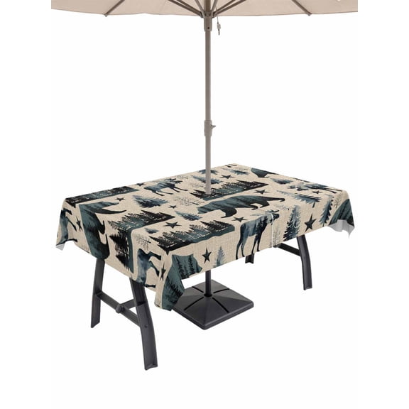 Outdoor Tablecloth with Umbrella Hole for Patio/Picnic/Party/Camping, Vintage Bear Elk Cabin Waterproof Table Cloth Rectangle Table Cover Washable, Farmhousee Pine Tree Rustic (52"x 70")