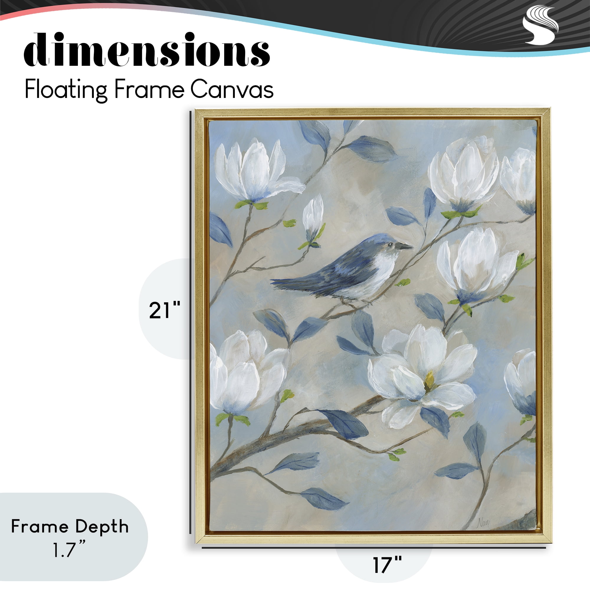 Stupell Industries Blue Bird & Magnolia Gold Framed Floater Canvas Wall Art, design by Nan